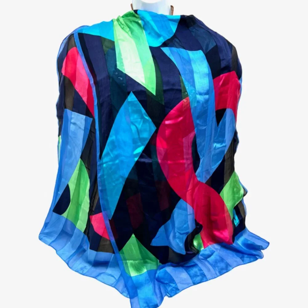 Vgt  Yves Saint Laurent 100% Silk Chiffon/Satin scarf 68x23 Black Red Green(33)